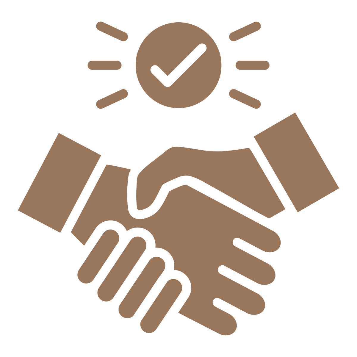 Illustration of two brown hands shaking with a checkmark inside a circle above them, symbolizing agreement or partnership.