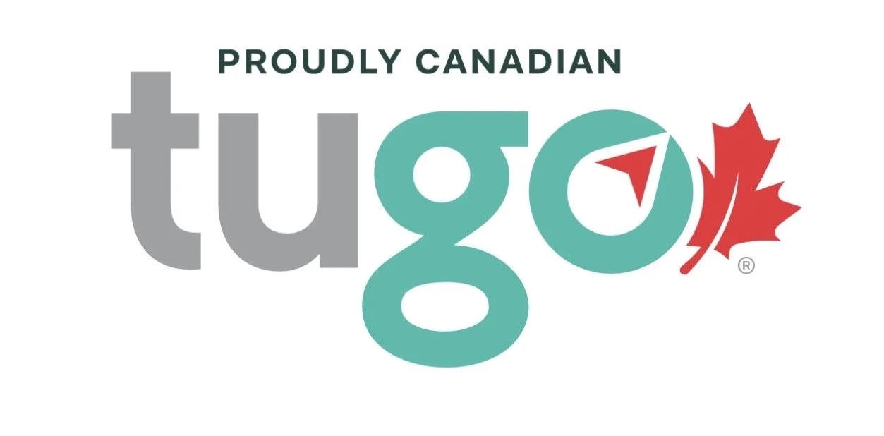 Logo with text 'Proudly Canadian TUGO' featuring a stylized compass inside the letter 'o' and a red maple leaf.