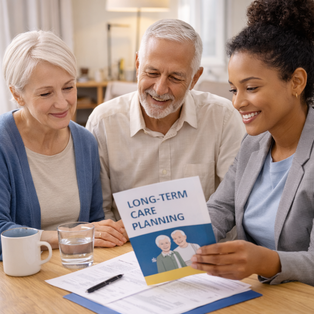 Three people, two women and one man, sit at a table looking at a brochure titled 'Long-Term Care Planning' in a bright, home-like setting. They are smiling and appear engaged.