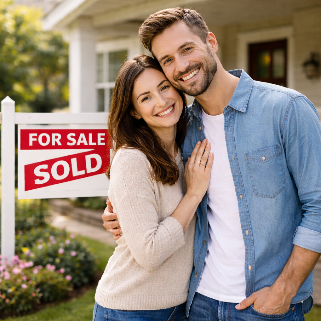 Happy couple standing in front of a house with 'For Sale' and 'Sold' signs, smiling and embracing.