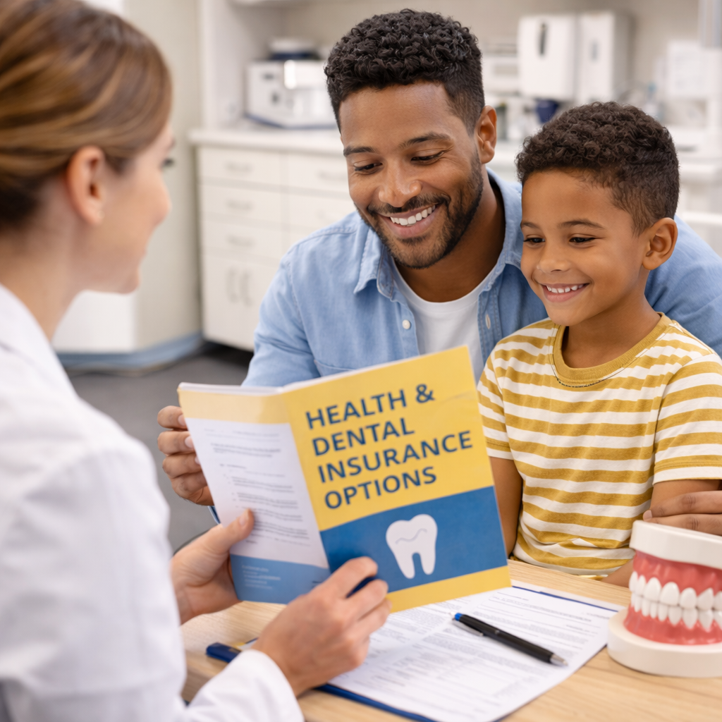 A smiling man and boy reviewing a health and dental insurance brochure with a woman, in a medical office, with dental models on the table.