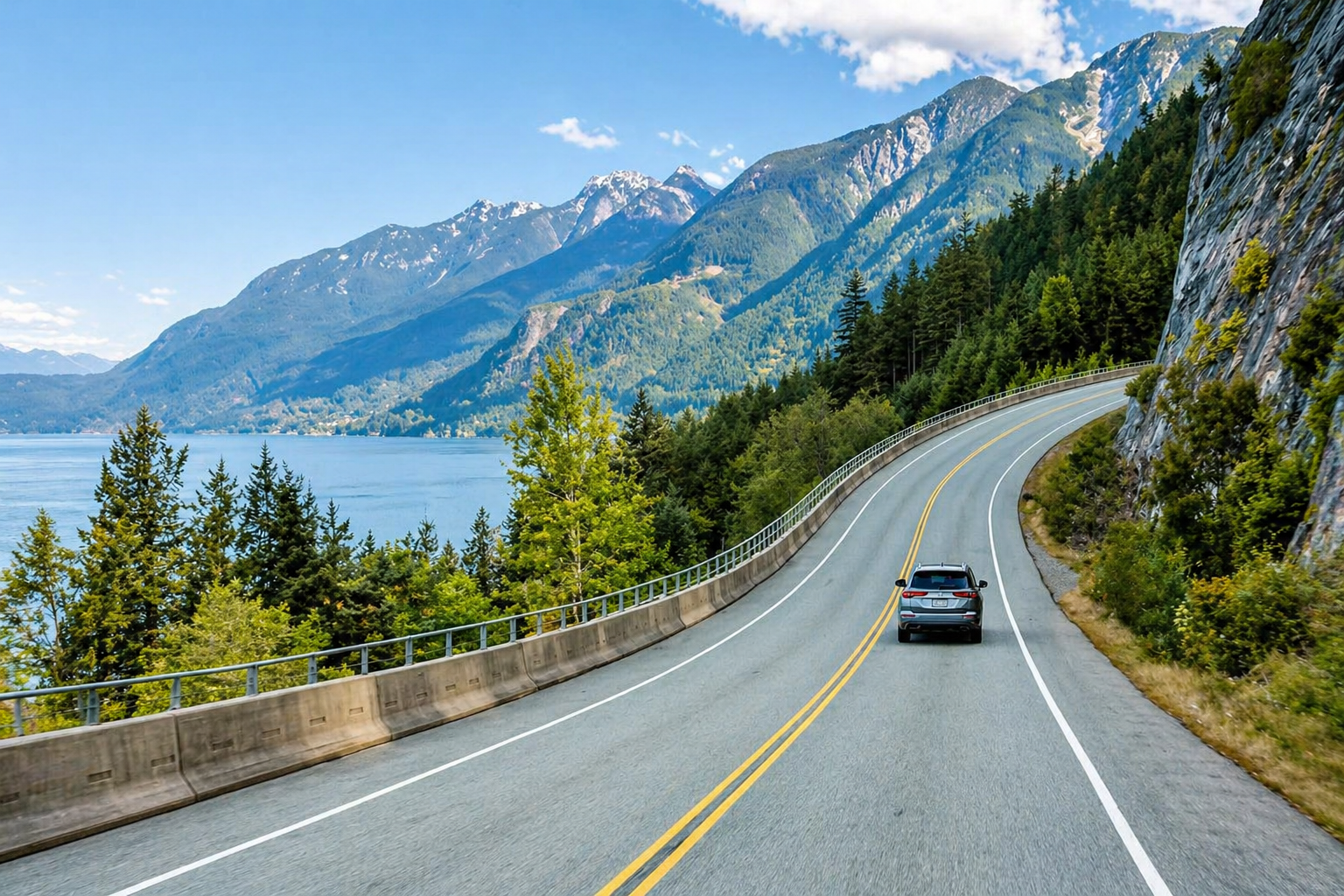 A winding mountain road with a black car, surrounded by green trees, rocky cliffs, and a large body of water, with mountains in the background.