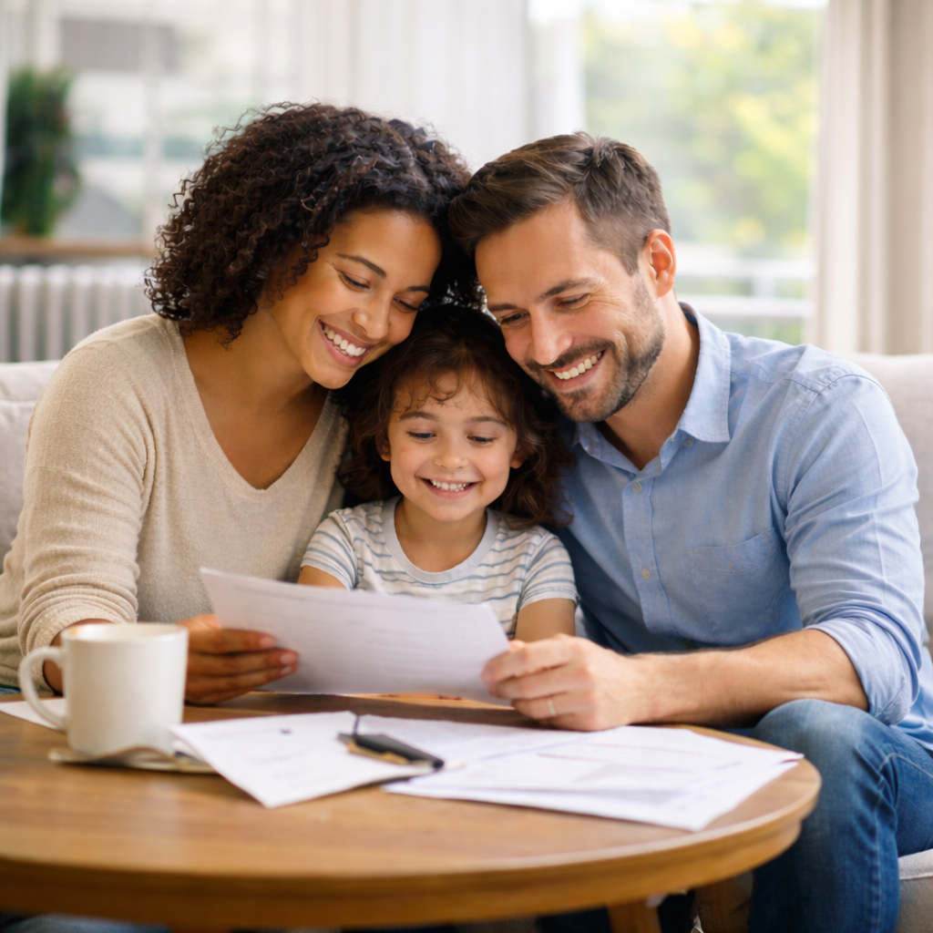 A happy family of three sitting together on a couch, looking at papers and smiling, in a bright living room.