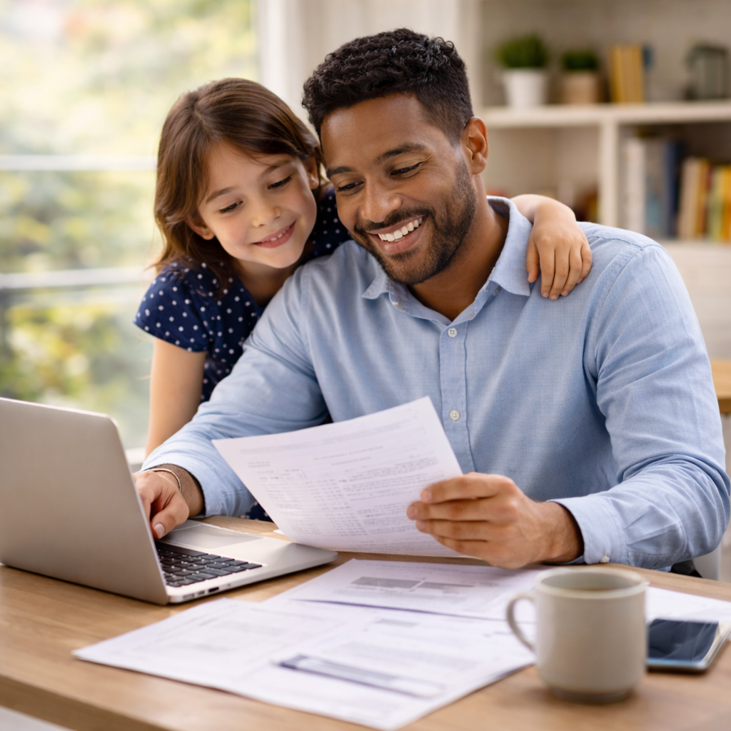 A man and a young girl look at papers together at a desk, with a laptop and a coffee mug. The girl has her arm around the man's shoulders and is smiling.