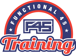 F45 Training logo with a circular design, blue and red colors, and the words 'F45 Training' and 'Functional 45'.