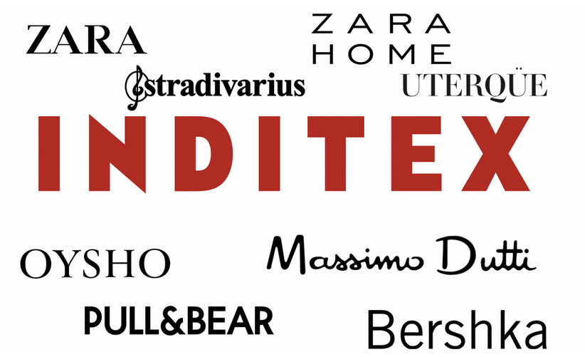 Collection of brand logos, including Zara, Zara Home, Stradivarius, Uterque, OYSHO, Massimo Dutti, Pull & Bear, Bershka, and INDITEX, arranged in a collage style.
