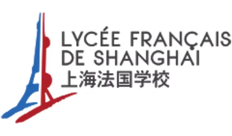 Logo of Lycée Français de Shanghai featuring a stylized Eiffel Tower in red and blue colors and text in French and Chinese