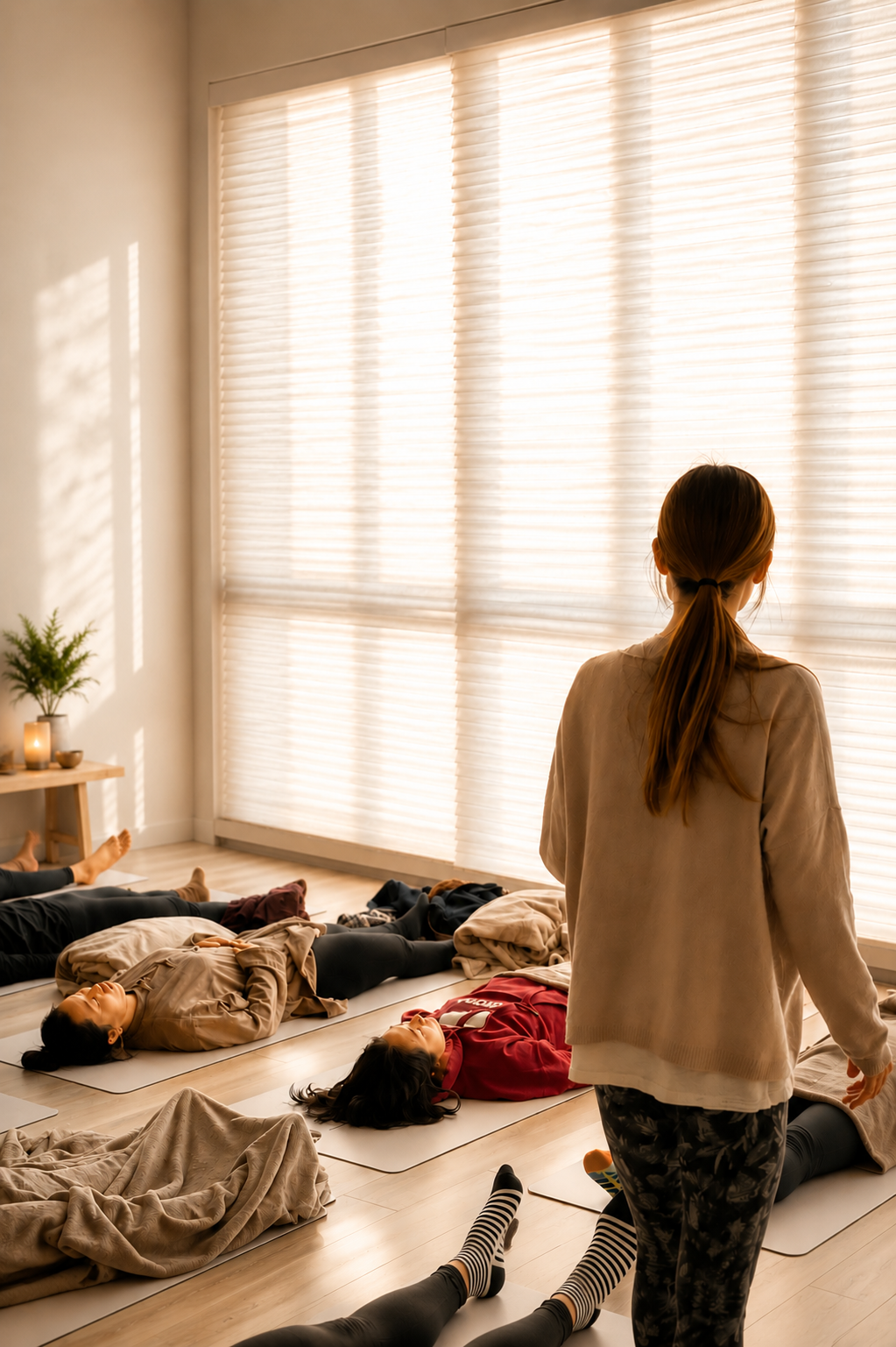 A woman leading a yoga class with students lying on yoga mats in a sunlit room with beige curtains, a small side table with plants and candles.