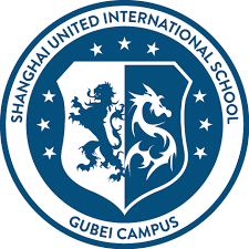 The logo of Shanghai United International School Gubei Campus, featuring a circular emblem with a lion on the left and a dragon on the right, surrounded by the school's name.