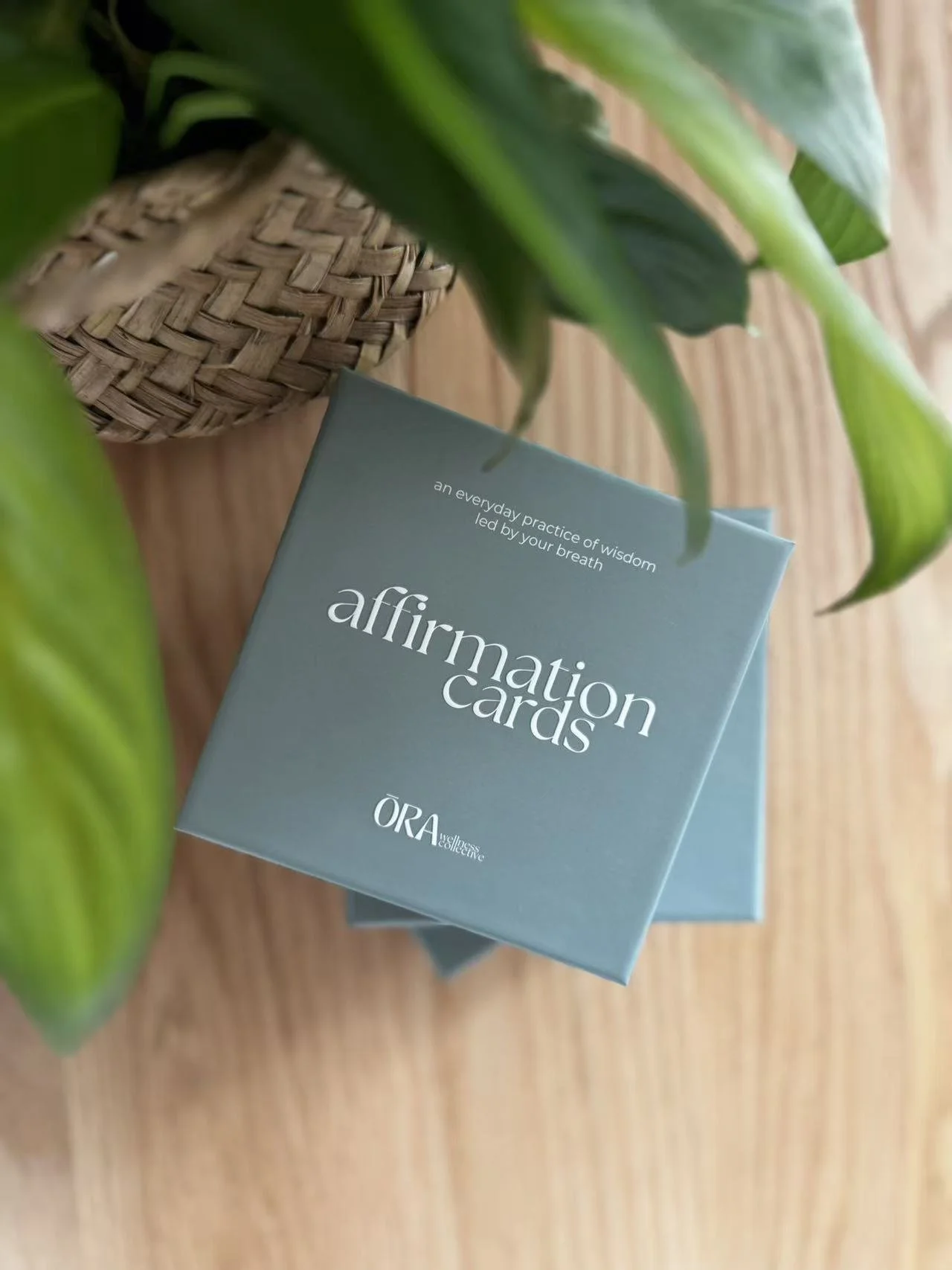 A light blue box of affirmation cards on a wooden surface, partially obscured by green plant leaves, with woven basket nearby.