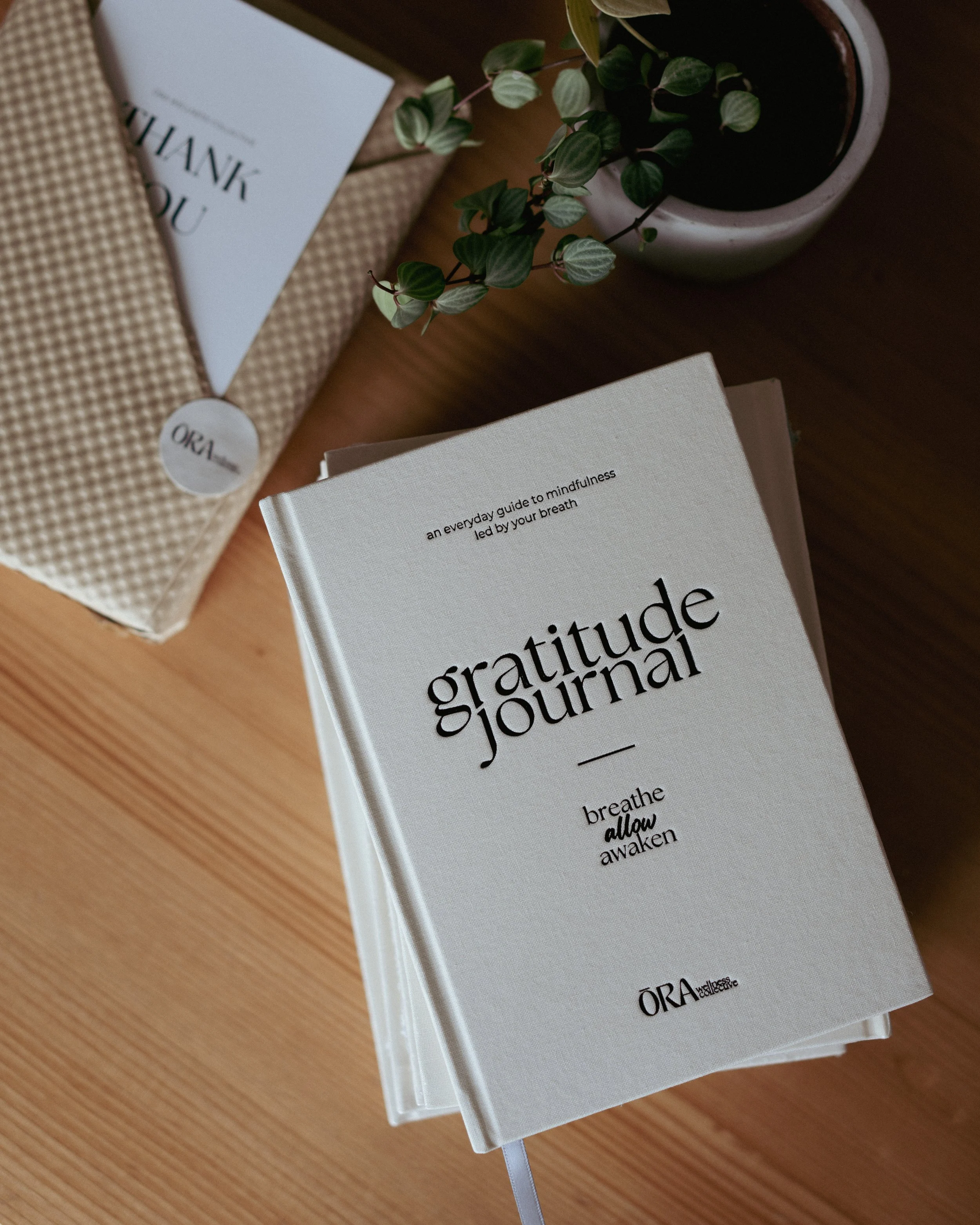 A white gratitude journal with black text reading, 'gratitude journal,' placed on a wooden surface. There is also a small white paperback with black and pink text, a potted plant with green and white variegated leaves, a wrapped gift with a white tag, and a smaller paper or booklet on the surface. The scene is decorated with soft, natural lighting.