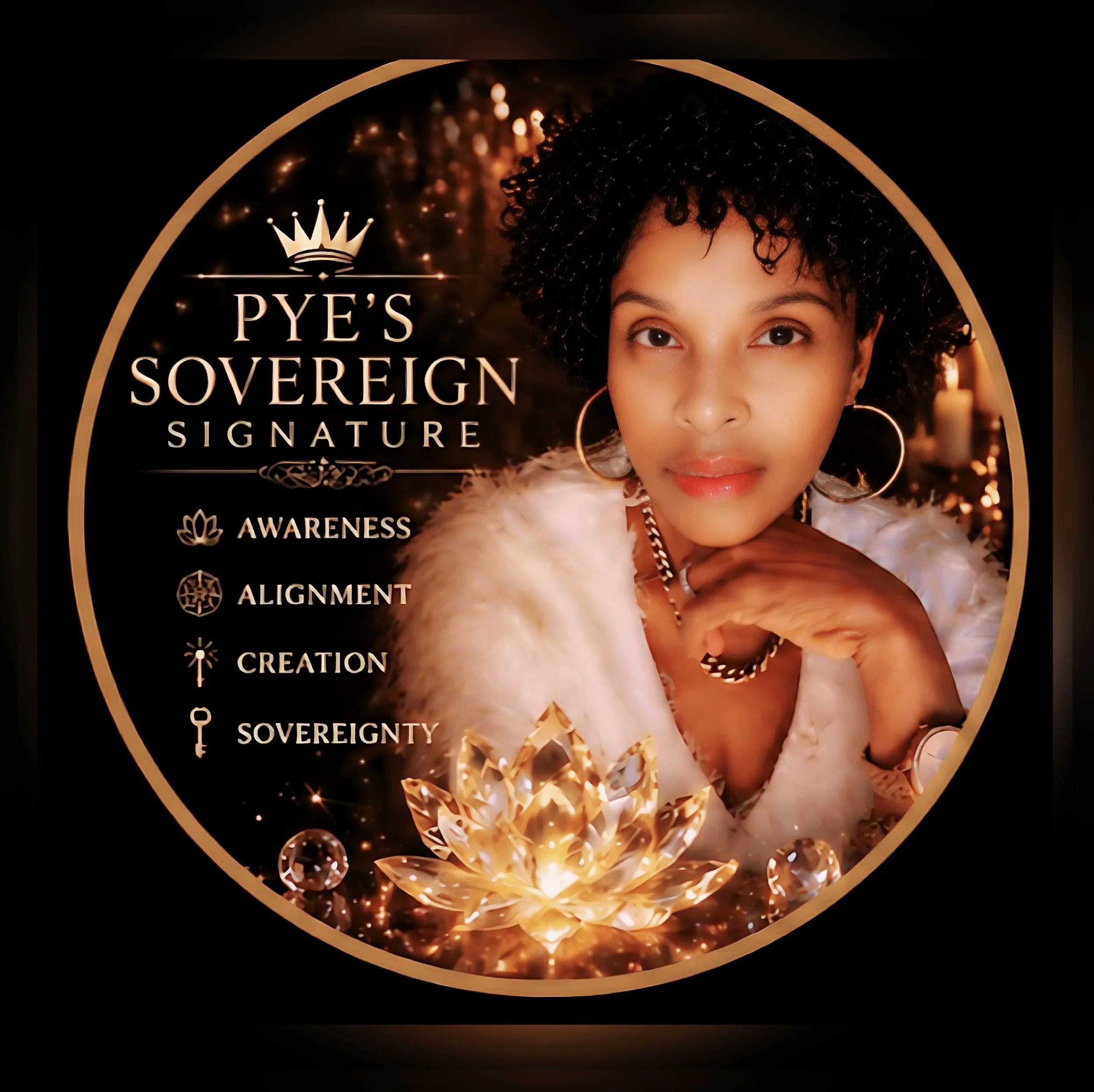 Close-up of a promotional poster featuring a woman with curly hair and gold jewelry, with text about awareness, alignment, creation, and sovereignty.