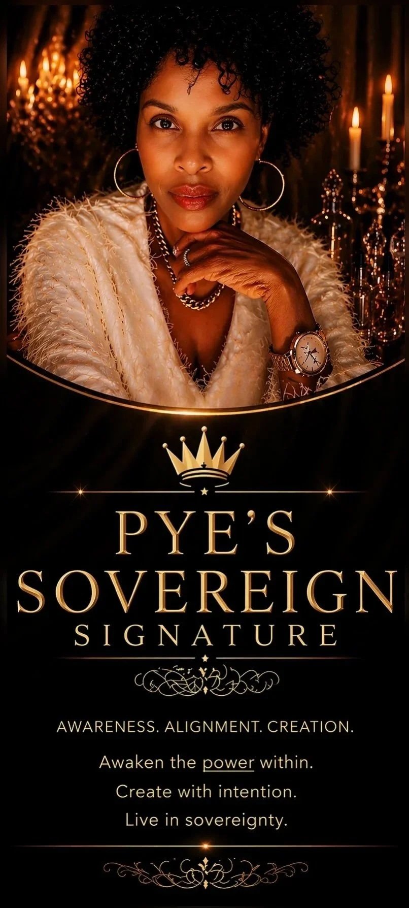 A woman in elegant attire with jewelry, sitting in a luxurious setting with candles, promoting Pye's Sovereign Signature with themes of awareness, alignment, creation, power, intention, and sovereignty.