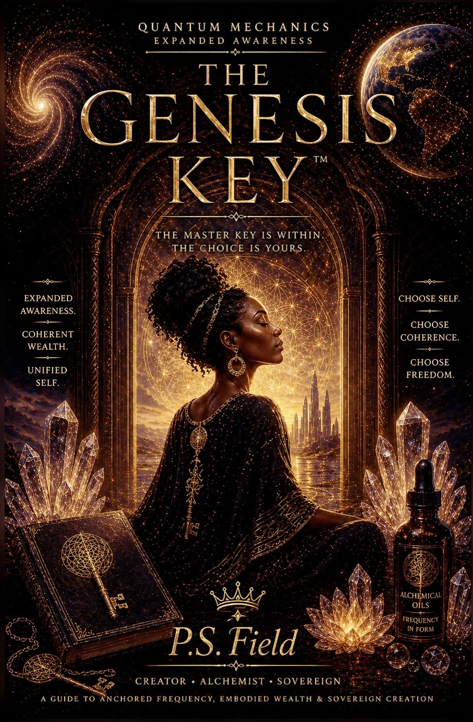 Book cover titled 'The Genesis Key' by P.S. Field, featuring a woman with an elaborate hairstyle and jewelry, mystical glowing symbols, and mystical objects including a key, crystals, and a dropper bottle, with a cosmic background and city skyline.