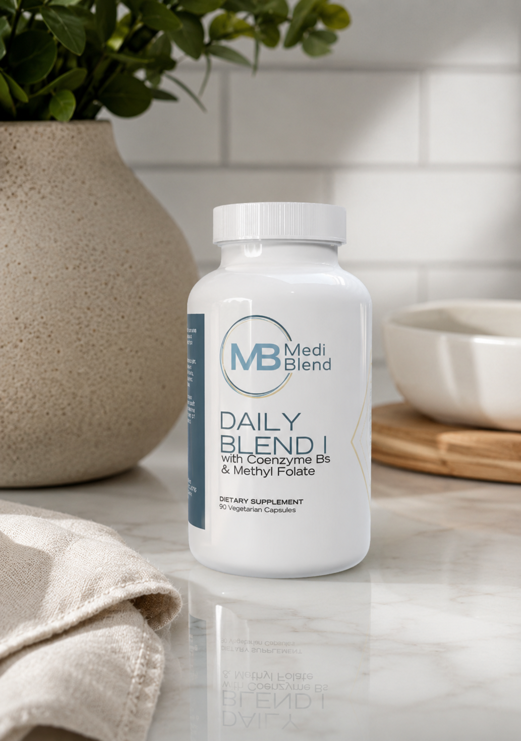 A supplement bottle is on a counter with a plant in the background