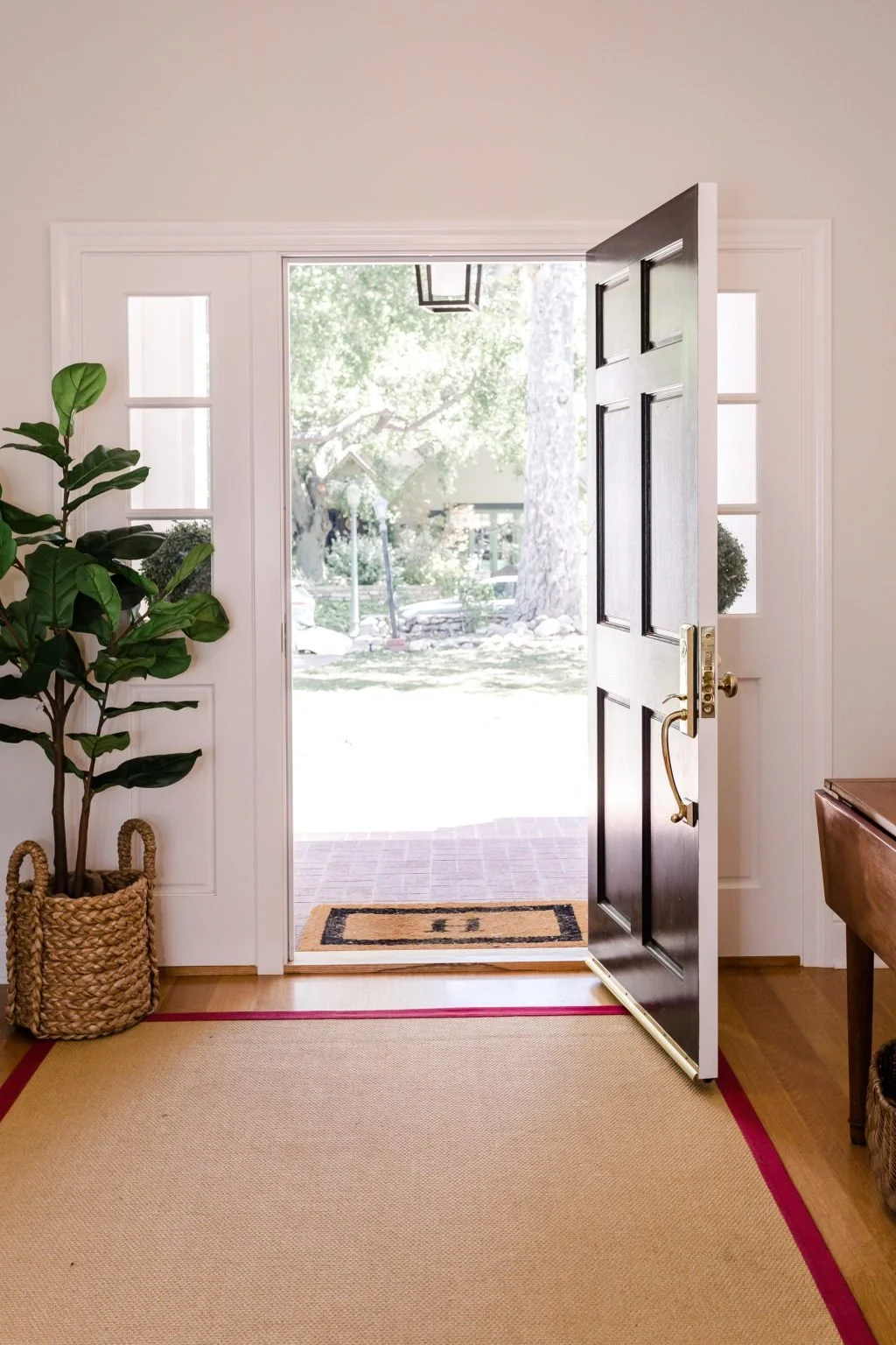 Open black front door looking out to a shaded garden