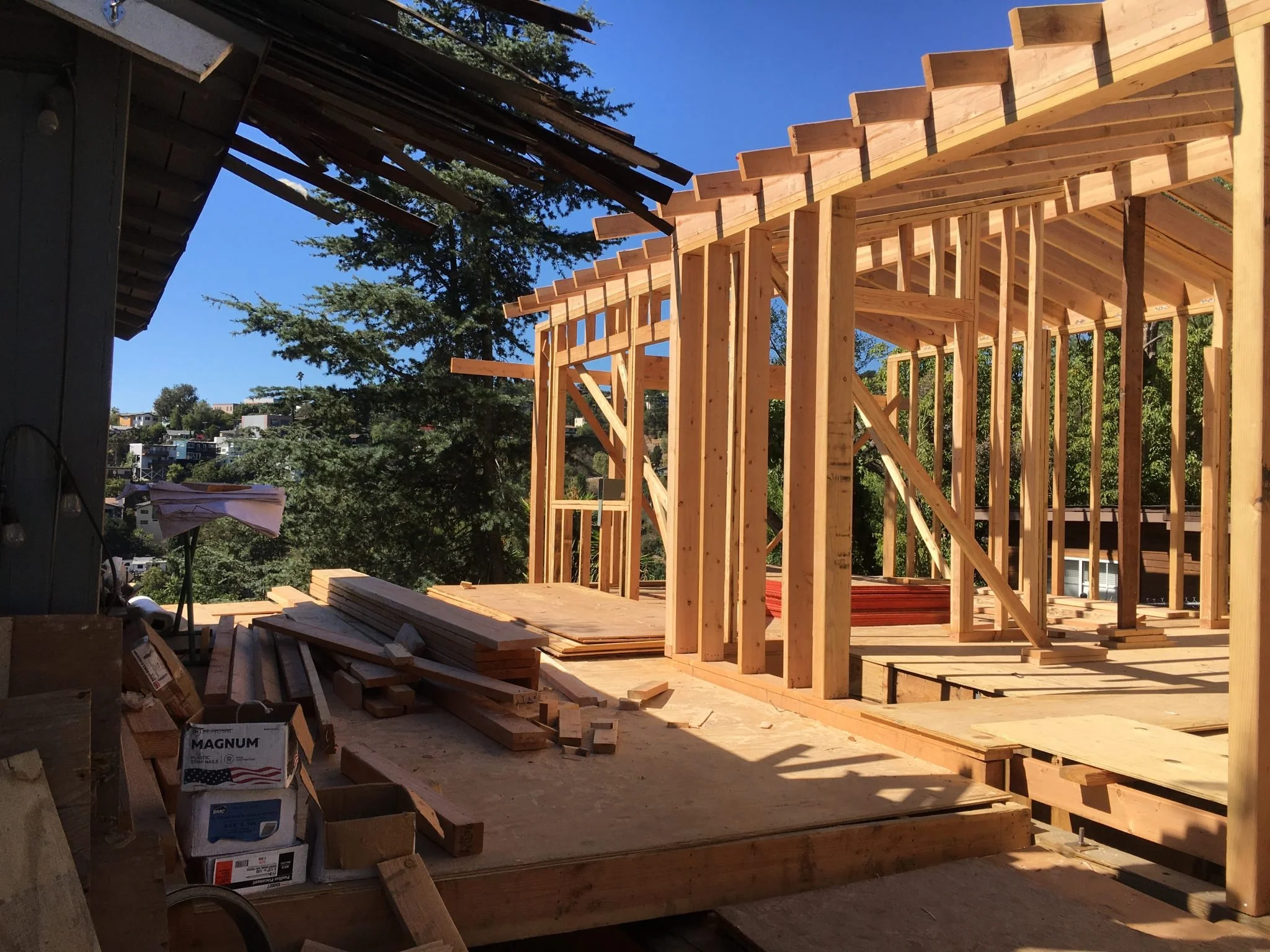 Wood framing for a residential addition under construction