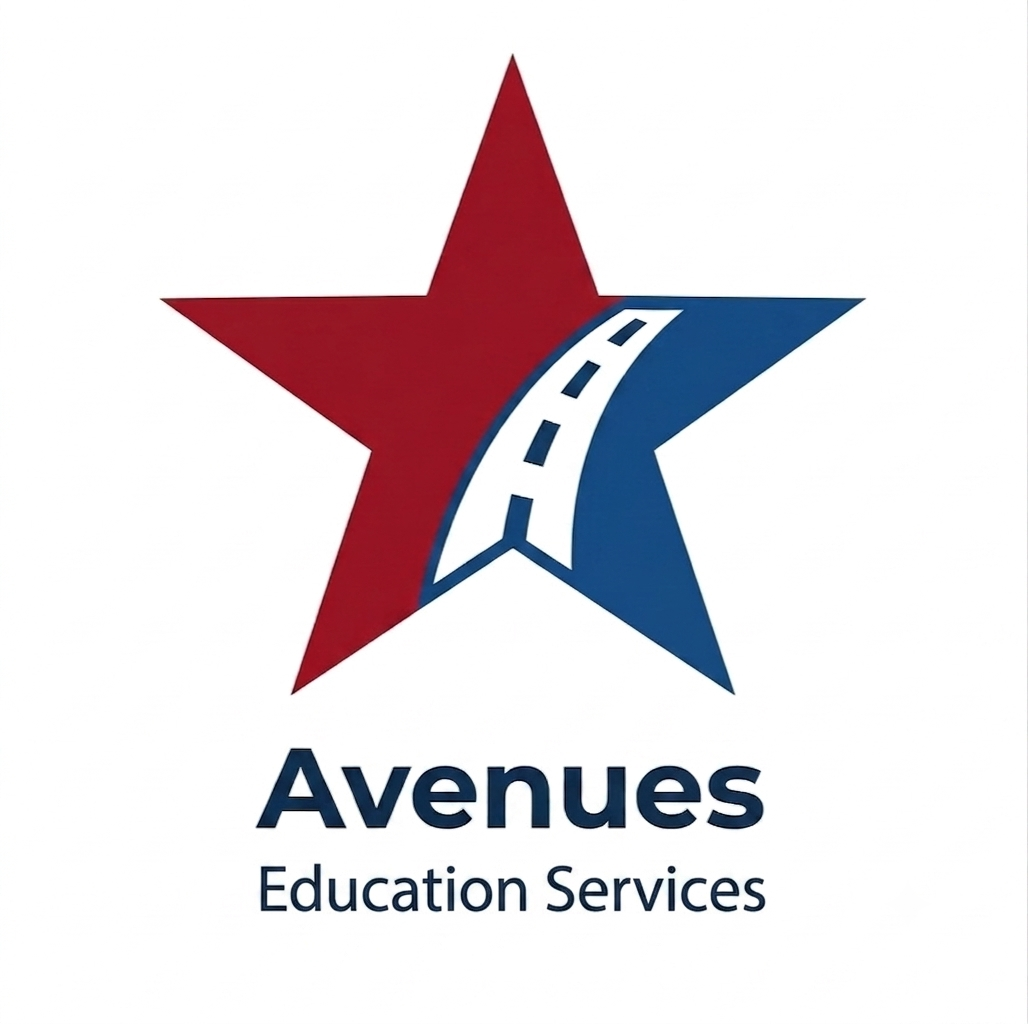 Logo featuring a red and blue star with a road symbol in the center, and the words "Avenues Education Services" below.