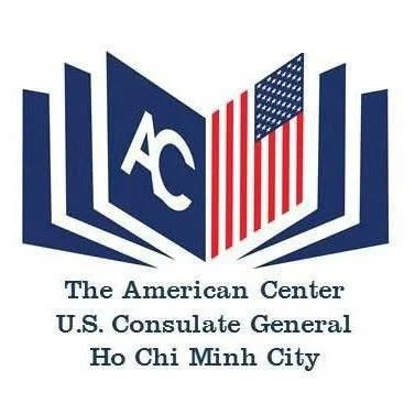 Logo for The American Center, U.S. Consulate General in Ho Chi Minh City, featuring the American flag and initials AC in a stylized open book design.