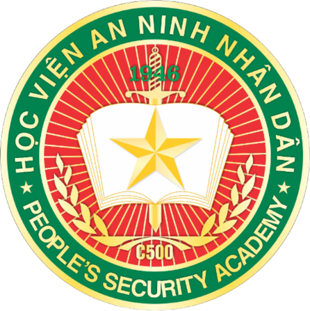 Emblem of People's Security Academy featuring a book, star, sword, and laurel branches with text in Vietnamese and English.
