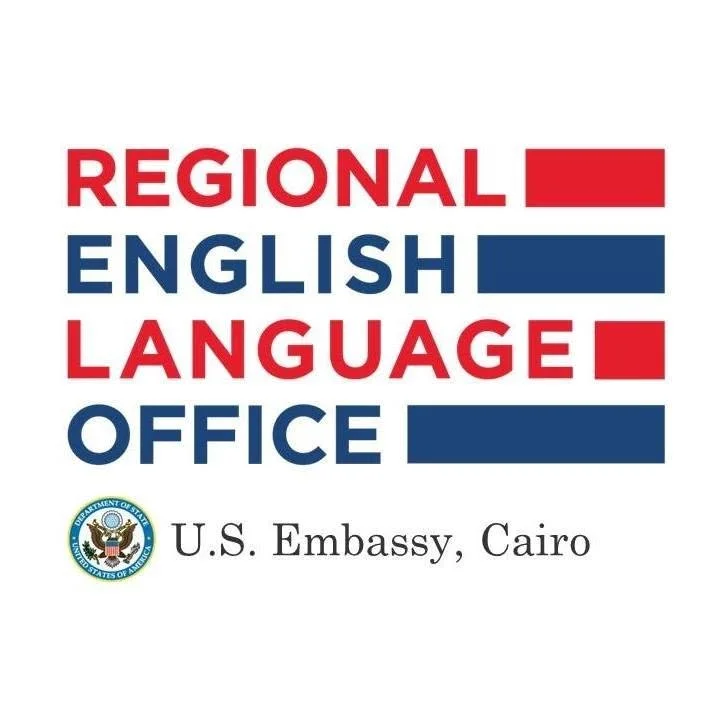 Logo for the Regional English Language Office at the U.S. Embassy in Cairo, featuring red and blue blocks and the seal of the U.S. Department of State.