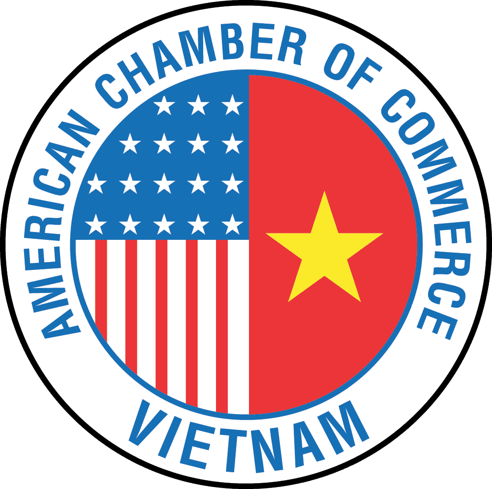 Circular logo with American and Vietnamese flags, with the text 'American Chamber of Commerce Vietnam' around the border.