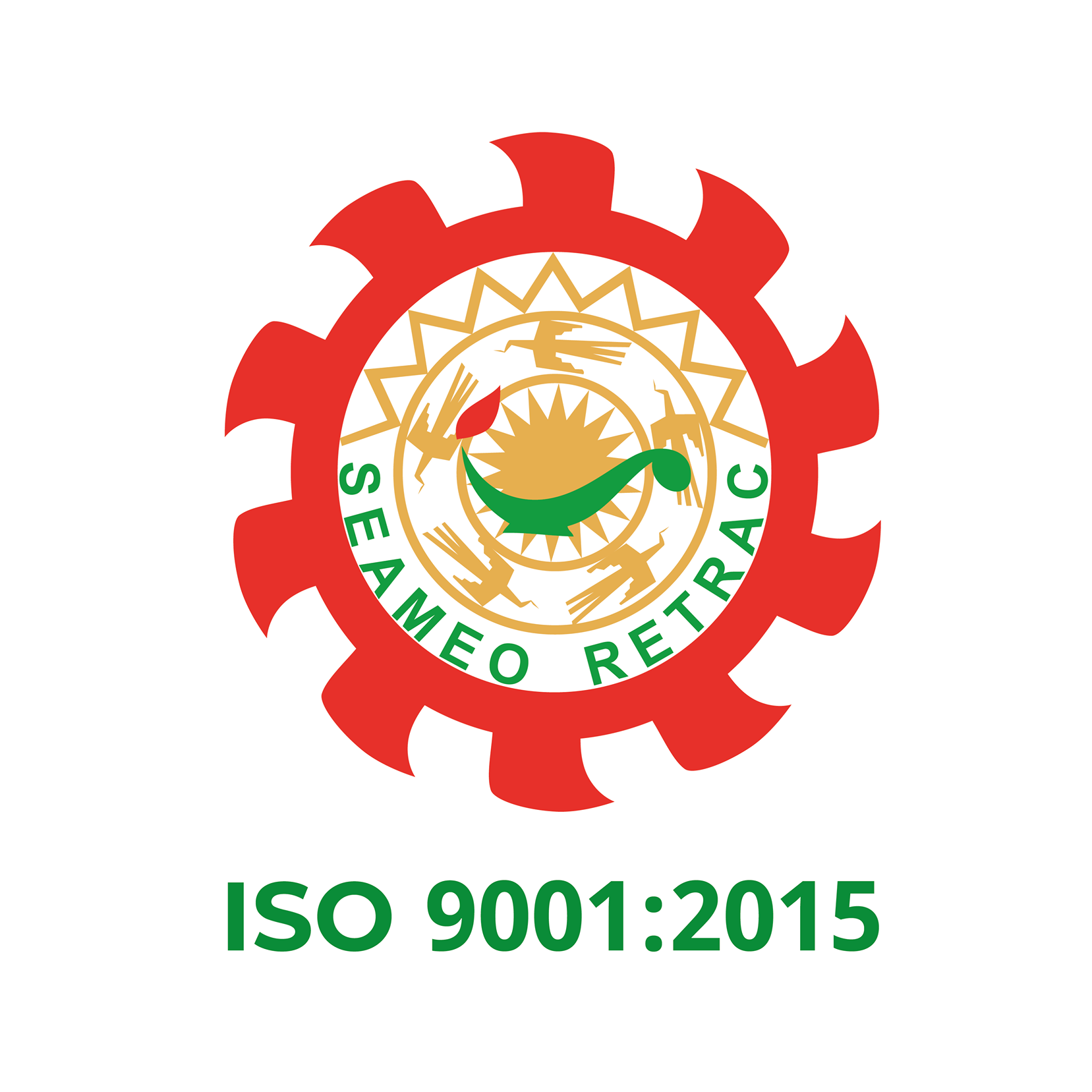 Certification badge with a red gear outline, featuring a gold circular emblem in the center with Arabic or symbolic figures, a smiley face with a leaf in place of a nose, and the text "ISO 9001:2015" in green below.