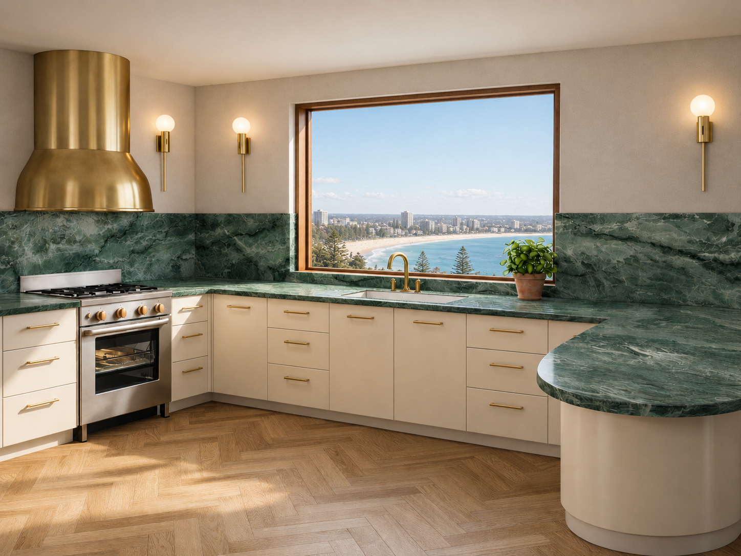 Interior view of green marble kitchen in manly