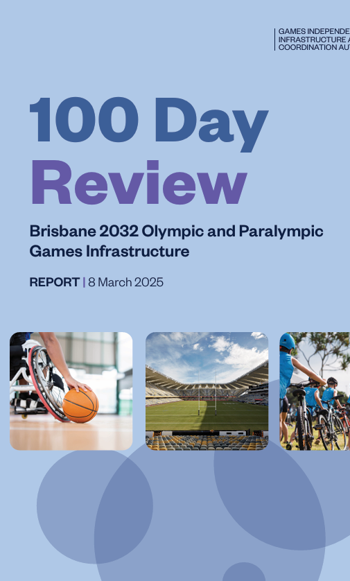 Cover page of a report titled '100 Day Review' on Brisbane 2032 Olympic and Paralympic Games Infrastructure, dated 8 March 2025, featuring images of a wheelchair basketball, a stadium, and cyclists.