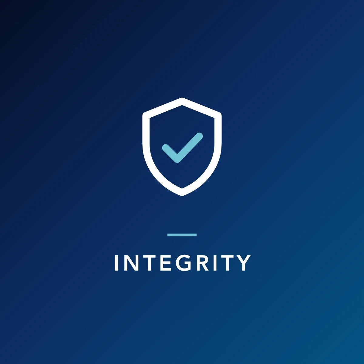 An icon of a shield with a check mark inside, representing integrity, on a blue gradient background.