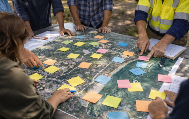 Group of people gathered around a table with a large map and colorful sticky notes, discussing outdoor planning or mapping project.