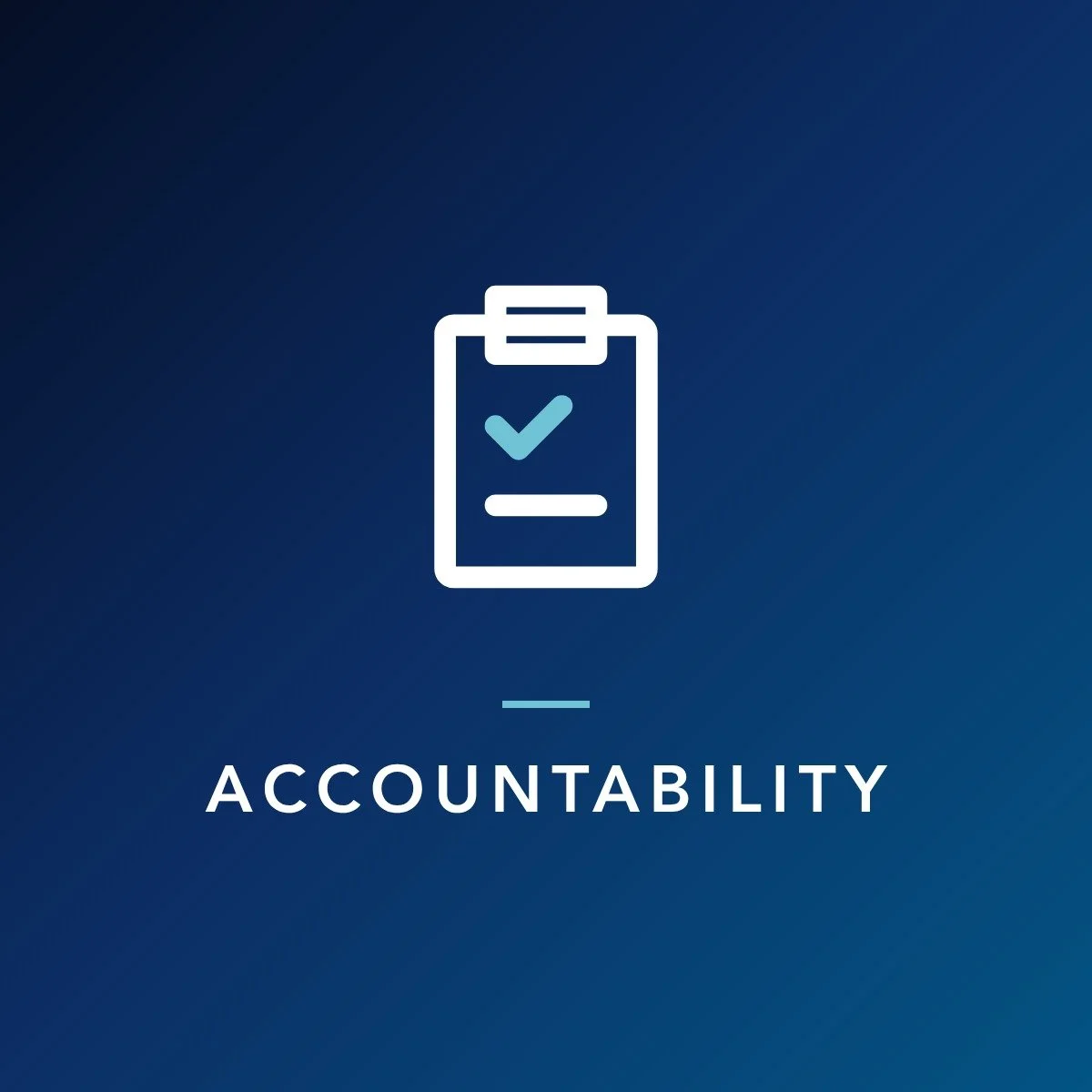 Icon of a clipboard with a checkmark, symbolizing accountability, on a blue gradient background.