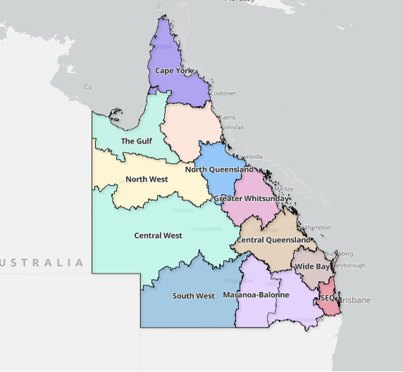 Map of Queensland, Australia, showing regional divisions including Cape York, The Gulf, North Queensland, Greater Whitsunday, Central Queensland, Wide Bay, South West, Maranoa-Balonne, and SEQ.