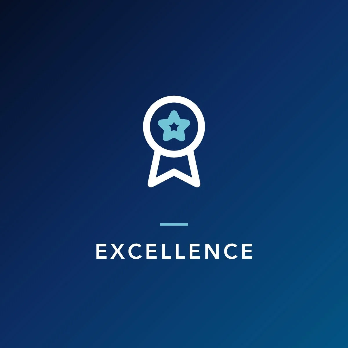 Blue background with a white award ribbon icon featuring a star in the center. The word 'EXCELLENCE' is written below the icon.