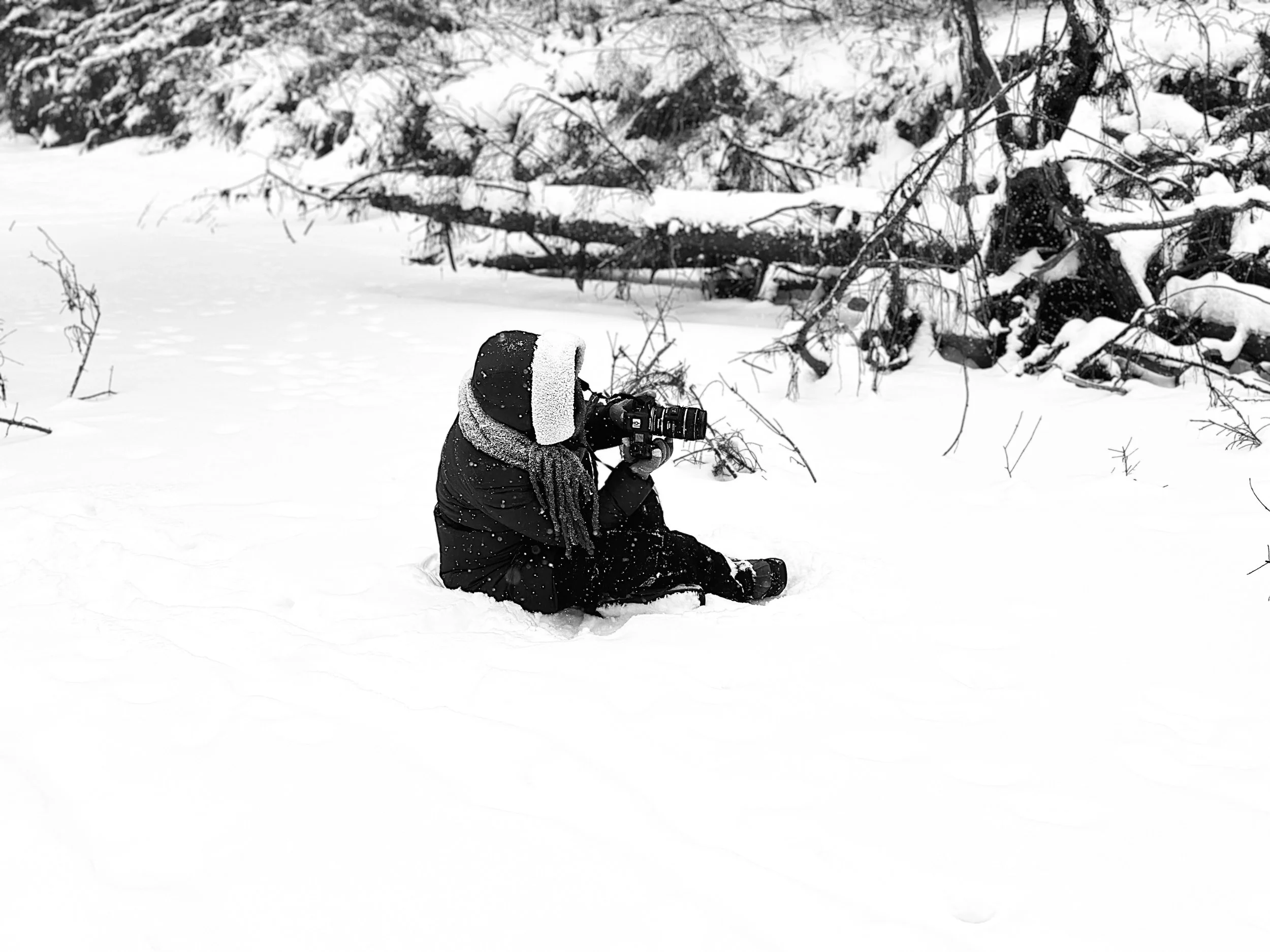 Person in winter clothing holding a camera while sitting on snow-covered ground in a snowy landscape with fallen branches and trees.