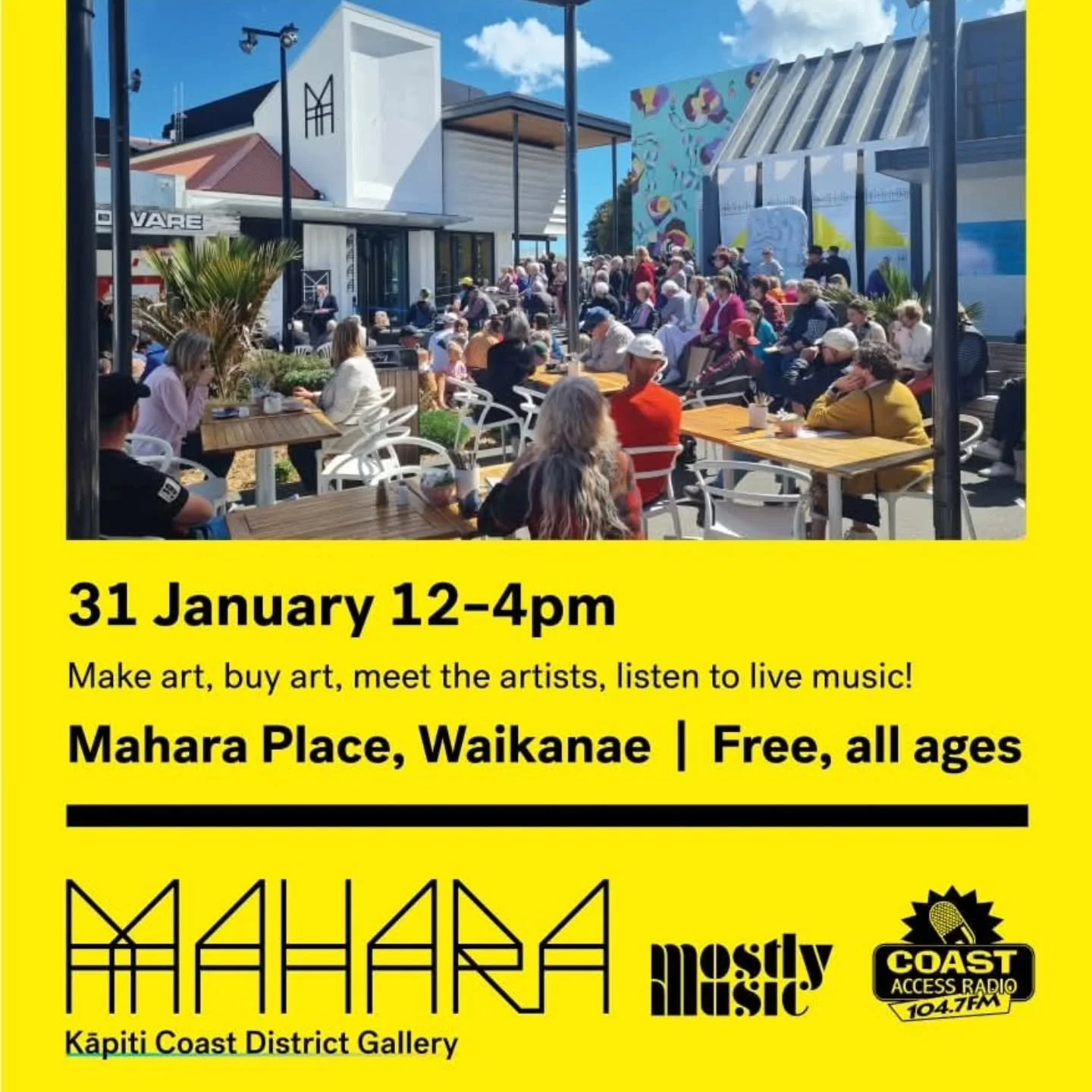 FREE LIVE ART MARKET 🎨🖌
On tomorrow, Saturday 31st 12pm - 4pm

Come down to Mahara Place, Waikanae Village for a great new public event.

Enjoy live local music and dance, grab something to eat from our wonderful local cafes and try your hand at so