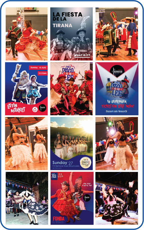 Collage of photos from a cultural festival featuring traditional dancers, costumes, and event advertisements for Latin market, disco, and dance performances.
