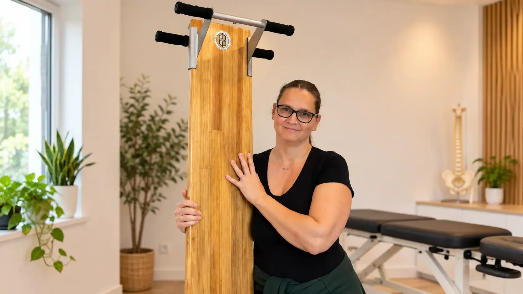 Adrienn with the LifeSTATE Spine board at LifeSTATE Clinic in Nelson