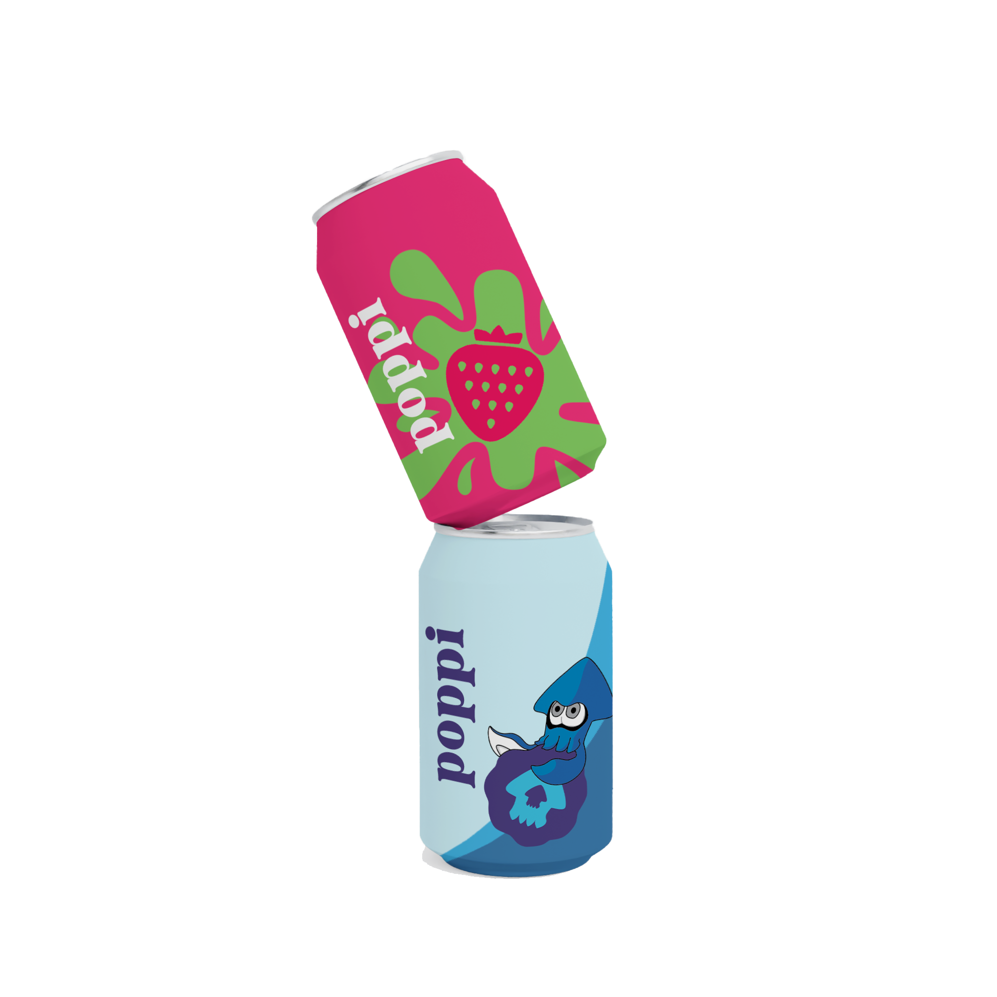 A soda can with a pink and green label featuring a strawberry and the word "popping".