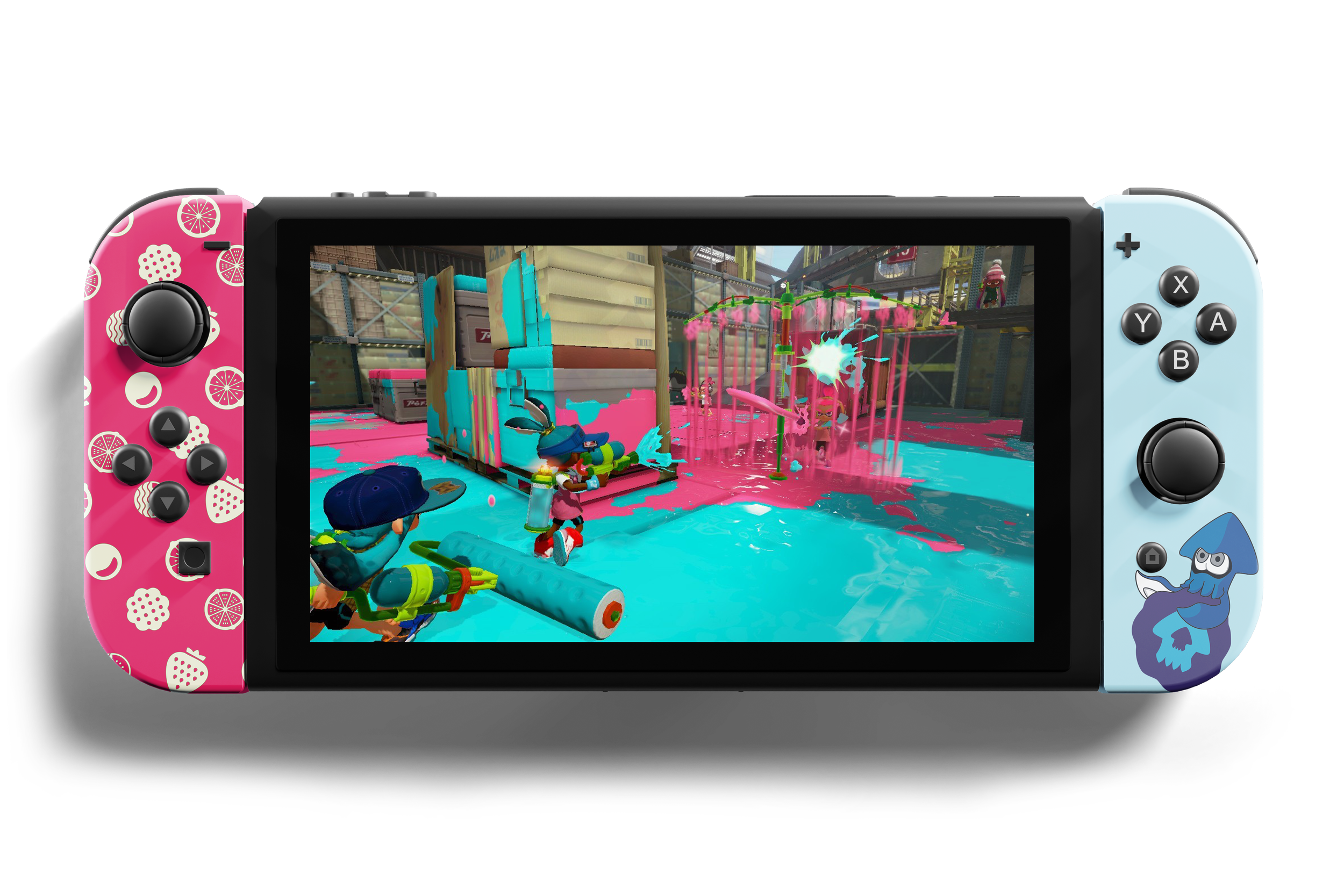 Nintendo Switch console with a colorful Splatoon game screen showing characters splattering ink in a warehouse setting.