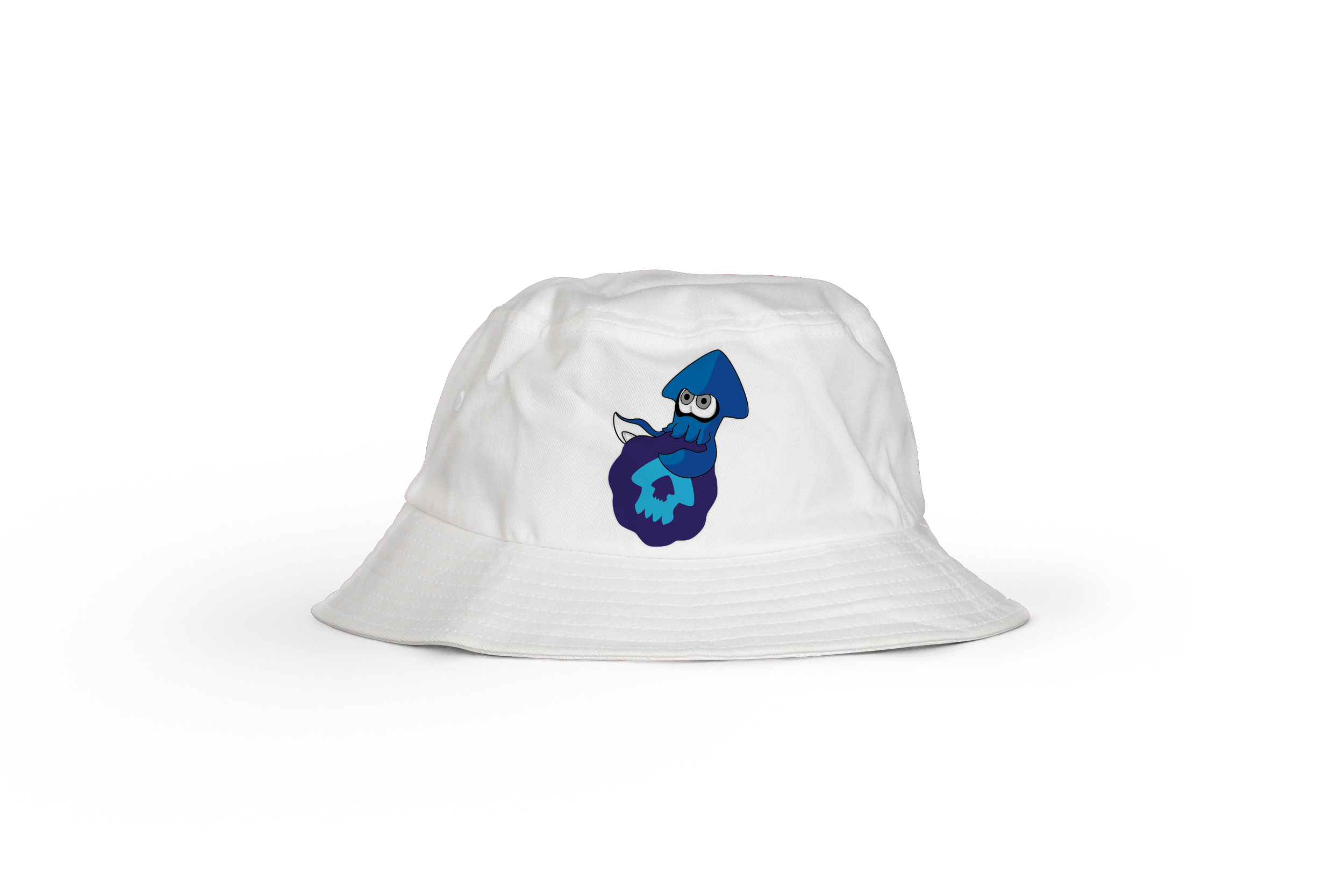 A white sun hat with a blue and purple cartoon squid design on the front.