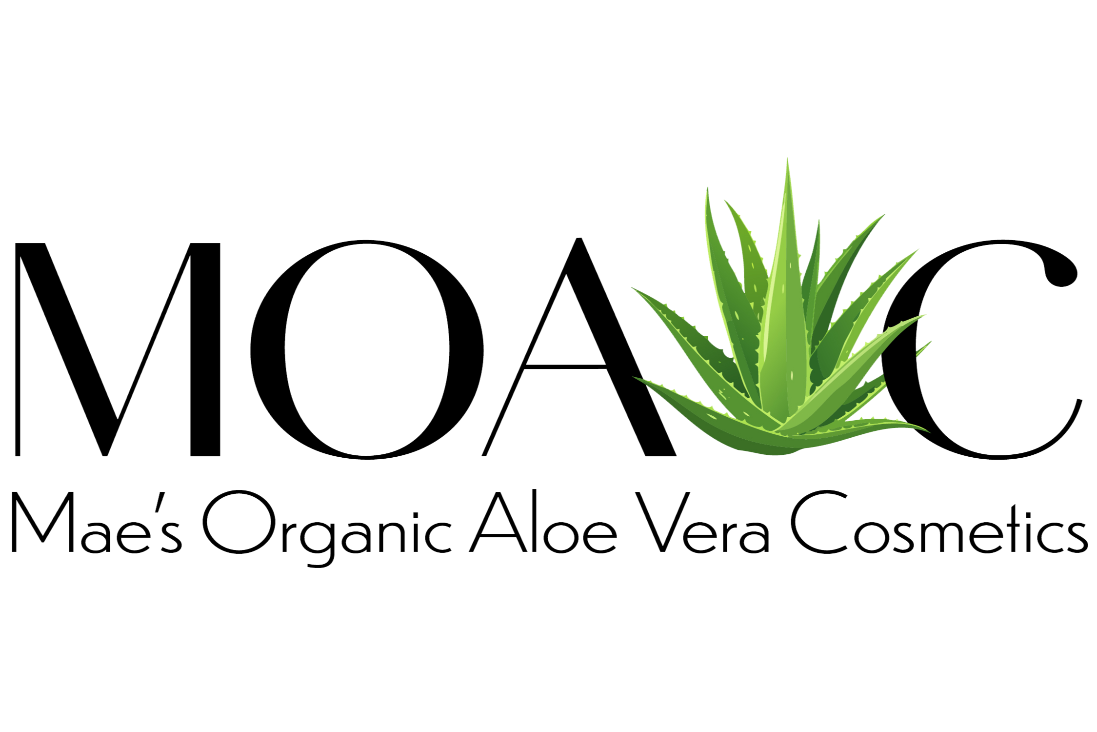 Logo for MOAVC, a company specializing in organic aloe vera cosmetics, featuring the brand name and a green aloe vera plant.