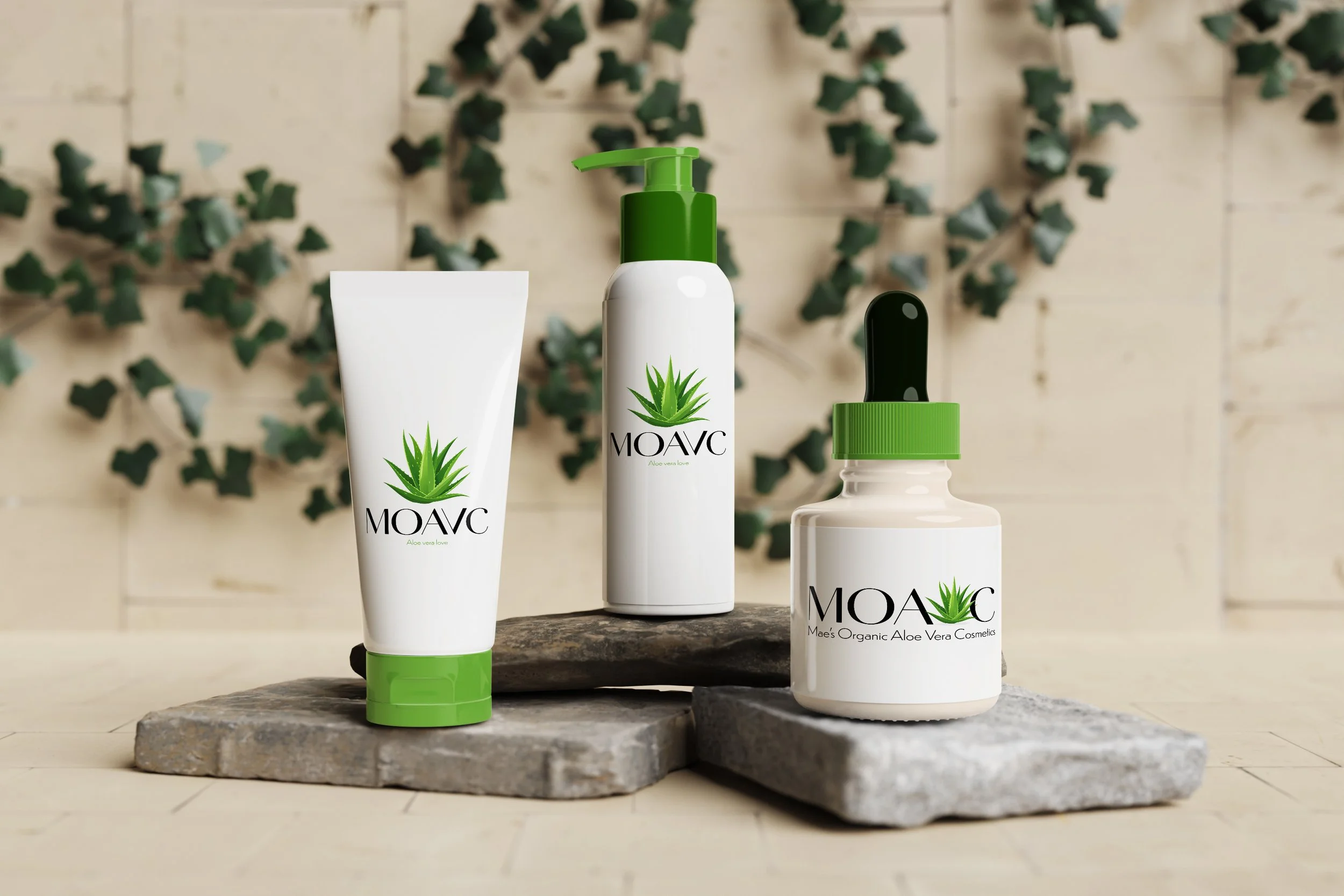 Collection of organic aloe vera cosmetic bottles on a rustic wooden surface with ivy plant and a brick wall in the background.