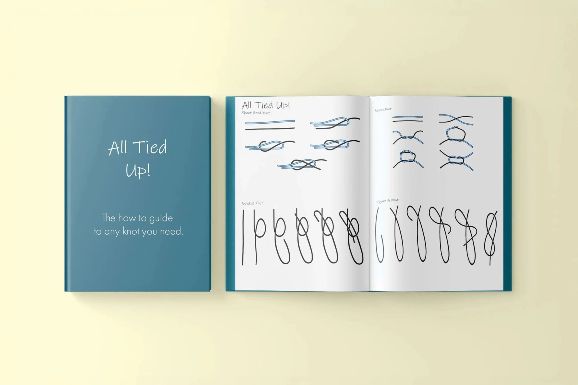 Open book titled 'All Tied Up!'. The pages display various knot diagrams and instructions.