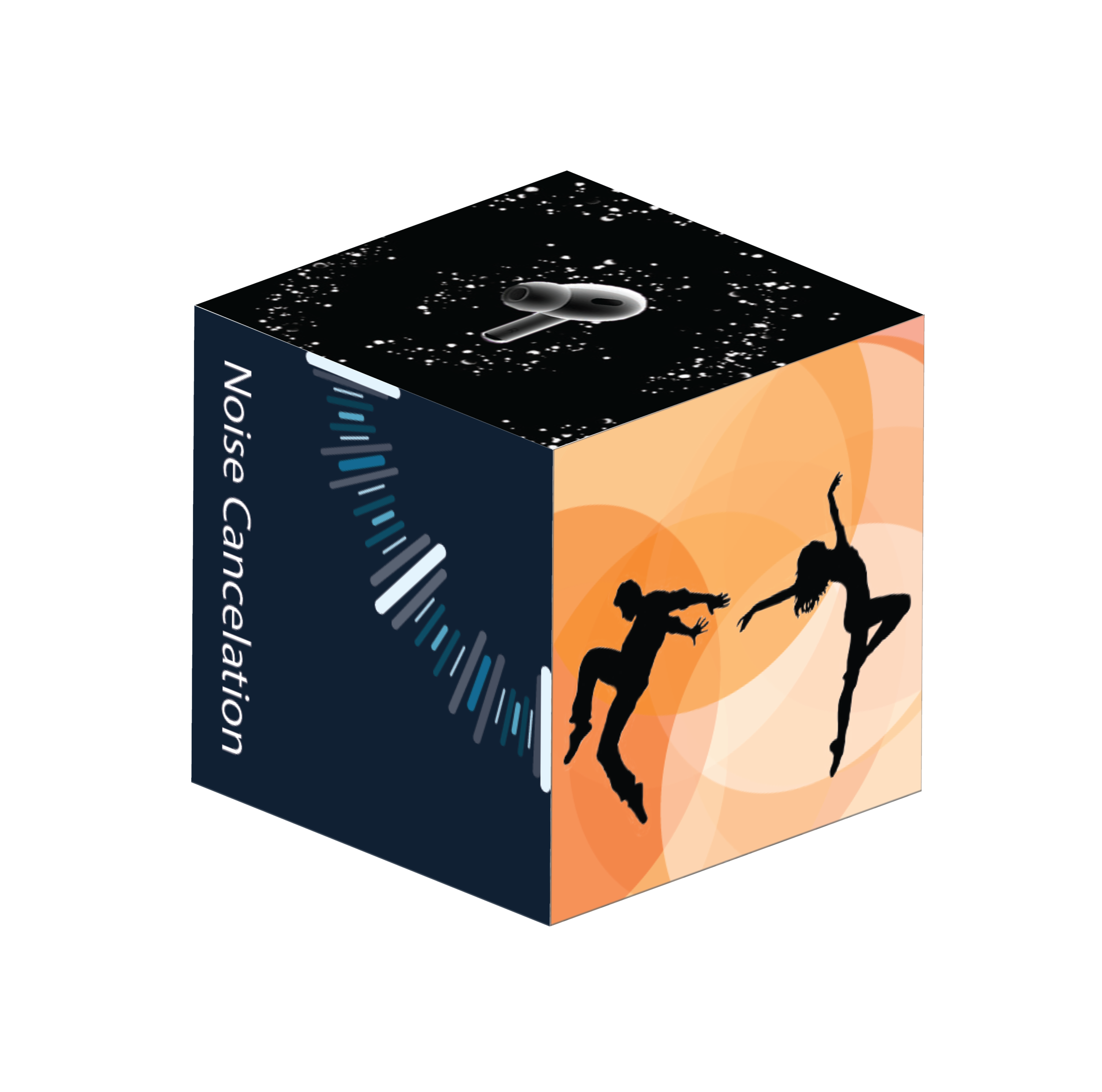 A box of wireless earbuds with a black background and abstract dotted patterns.