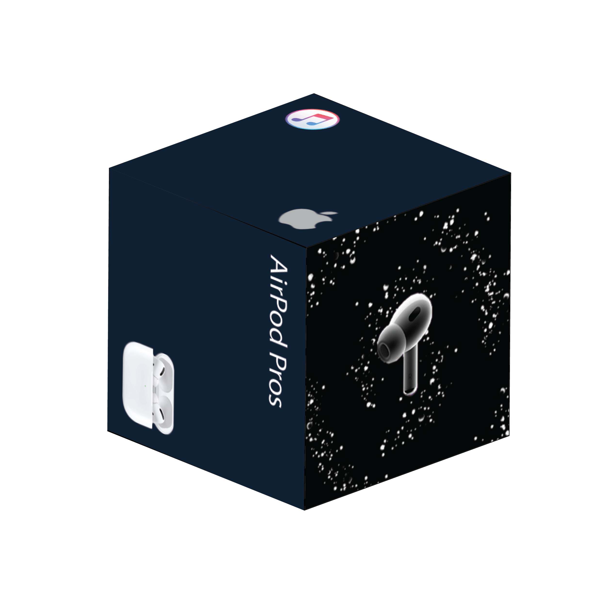 A 3D illustration of Apple AirPods Pro earbuds in their charging case, with a dark space-themed background featuring white dots resembling stars.
