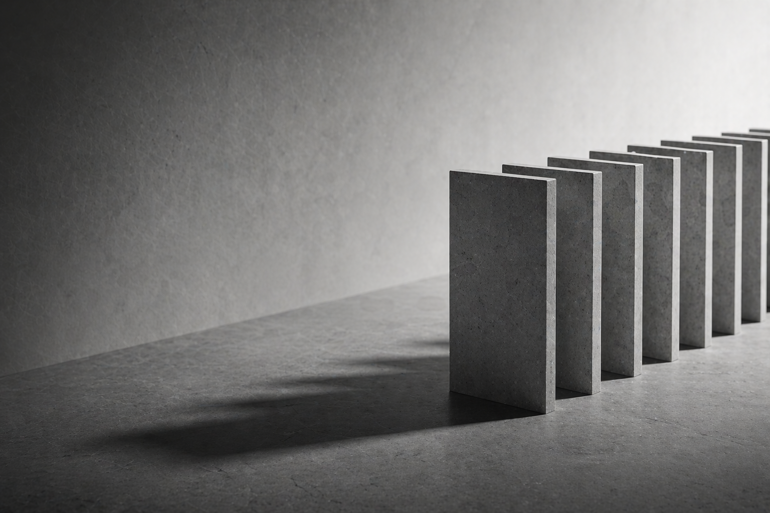 A row of evenly spaced rectangular gray tiles standing upright on a gray concrete surface with a textured gray wall in the background.