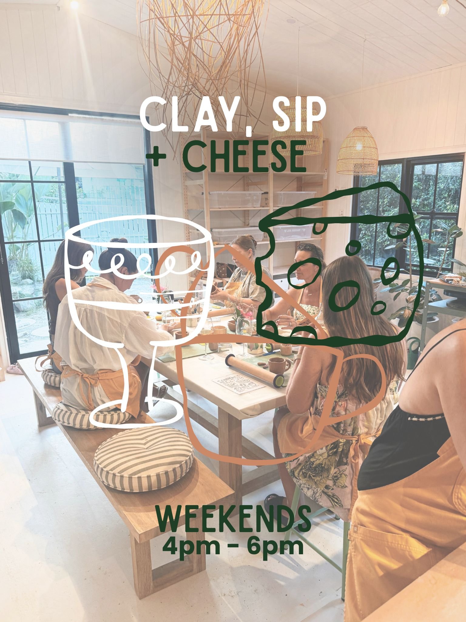 People gathered around a table inside a bright, modern room with large windows, black window frames, and minimalist decor, participating in a ceramics or pottery workshop, with hand-drawn illustrations of a cup and a face overlayed and text indicating weekend hours from 4pm to 6pm.
