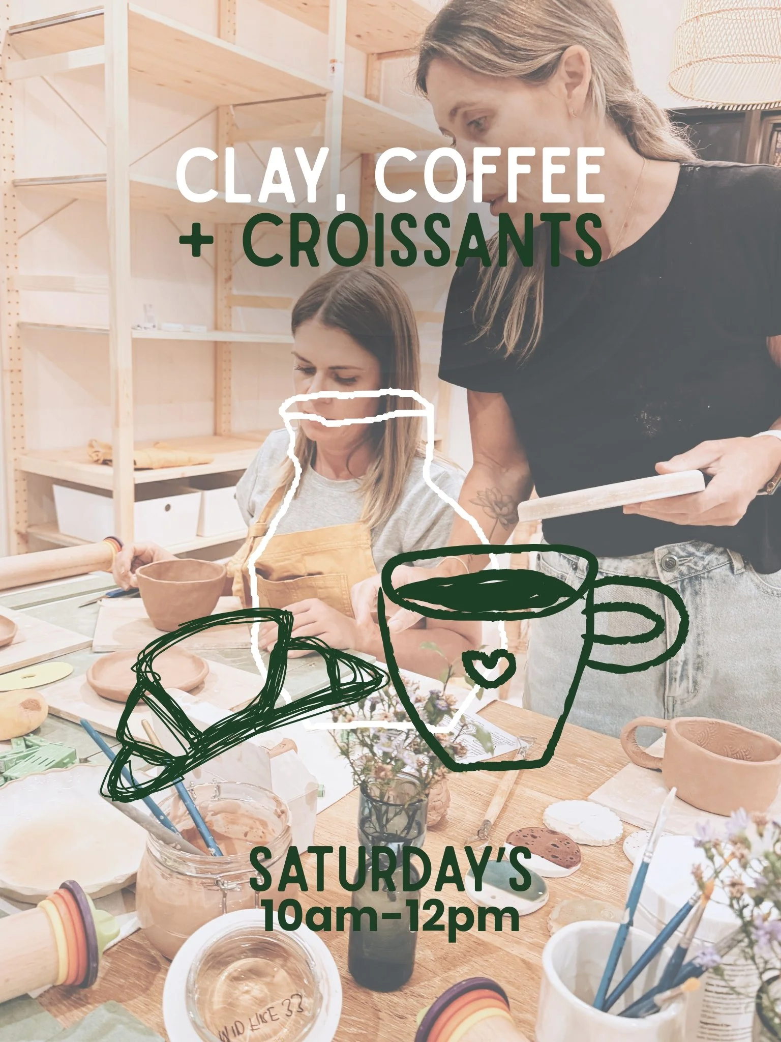 A woman teaching pottery to a young girl at a pottery class with shelves of clay tools and supplies in the background, with hand-drawn illustrations of pottery and cups overlaid and text promoting a Saturday class from 10am to 12pm.