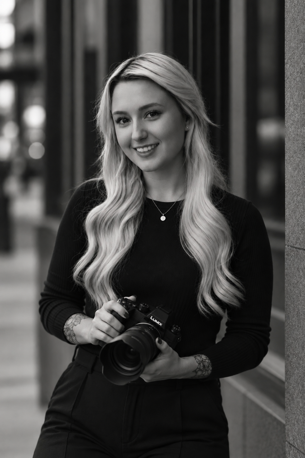A young woman with blonde, wavy hair wearing a black shirt, smiling softly against a gray background.